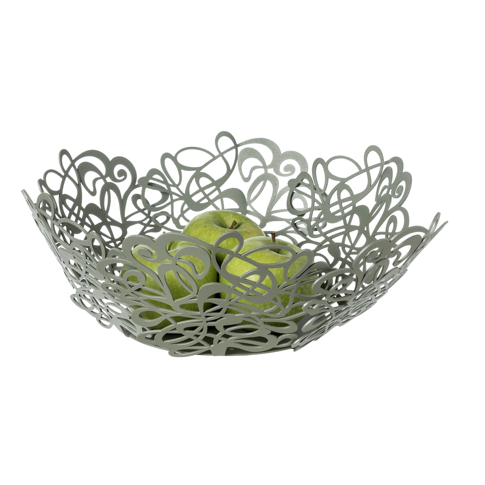Fruttiera Scarabocchio Grande di Art&Mestieri in ferro color giada con frutta, vista tre quarti