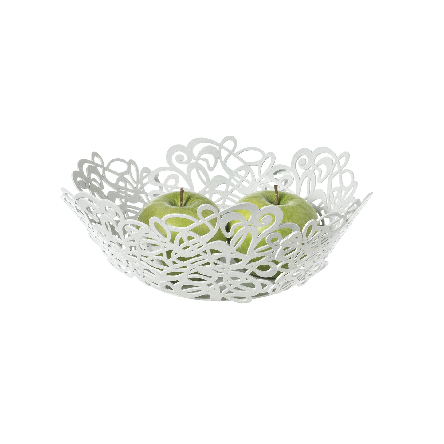 Fruttiera Scarabocchio Piccola di Art&Mestieri in ferro color bianco marmo con frutta, vista tre quarti