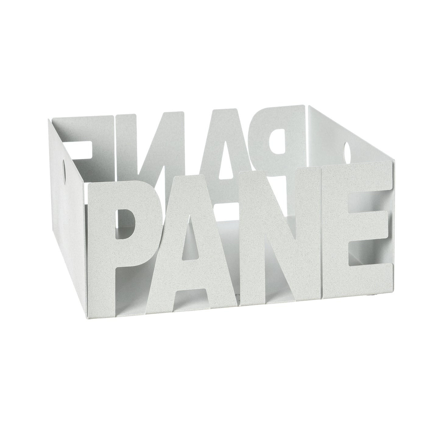 Porta pane Letter in ferro color bianco marmo con scritta Pane, vista tre quarti