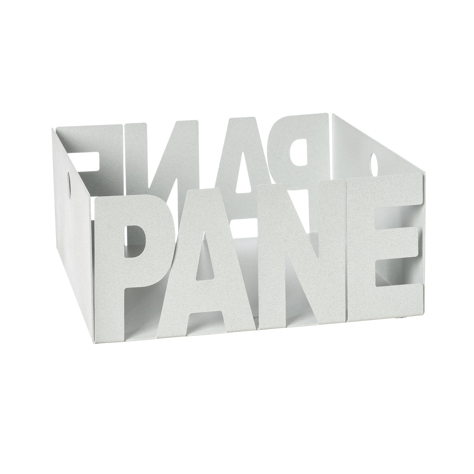 Porta pane Letter in ferro color bianco marmo con scritta Pane, vista tre quarti