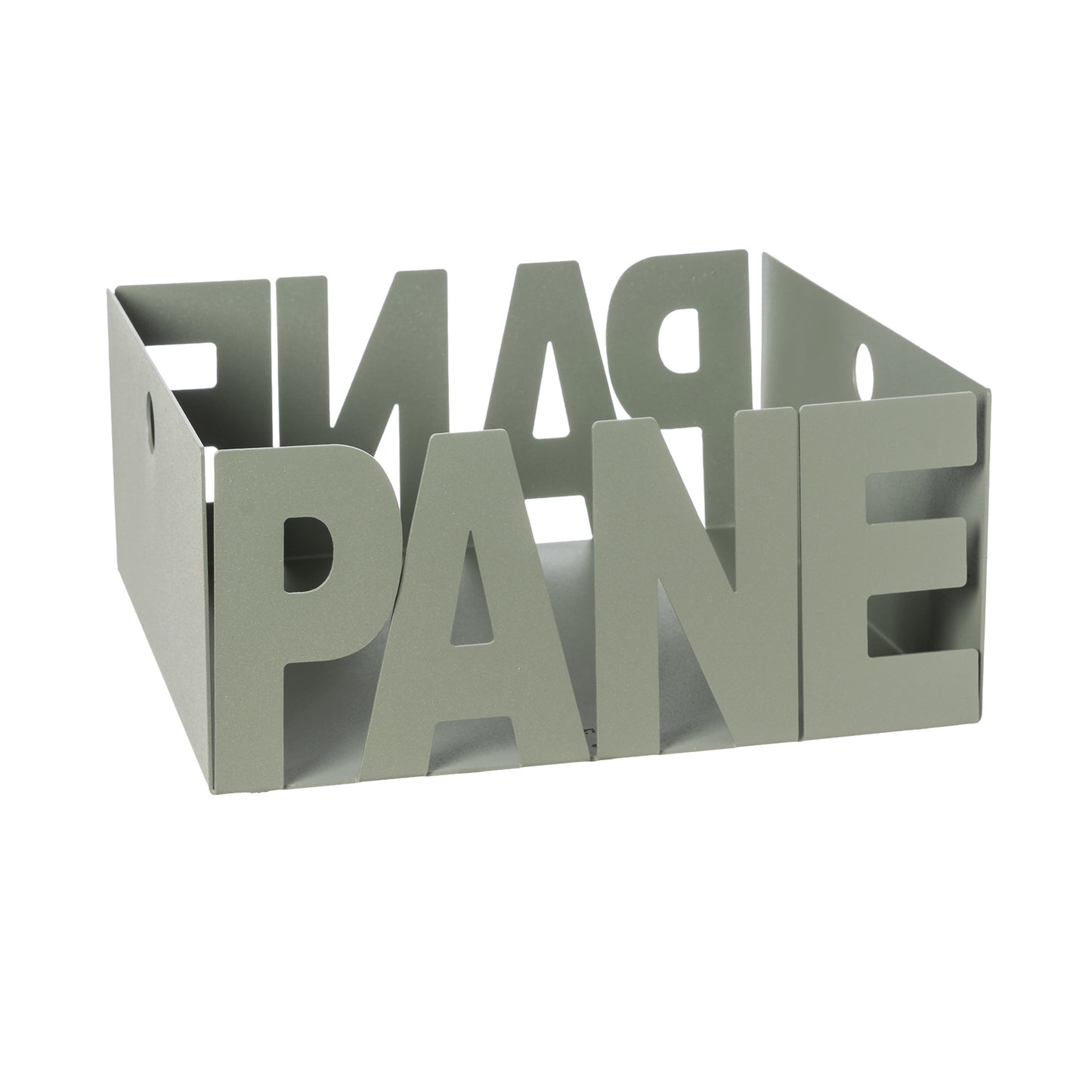 Porta pane Letter in ferro color giada con scritta Pane, vista tre quarti