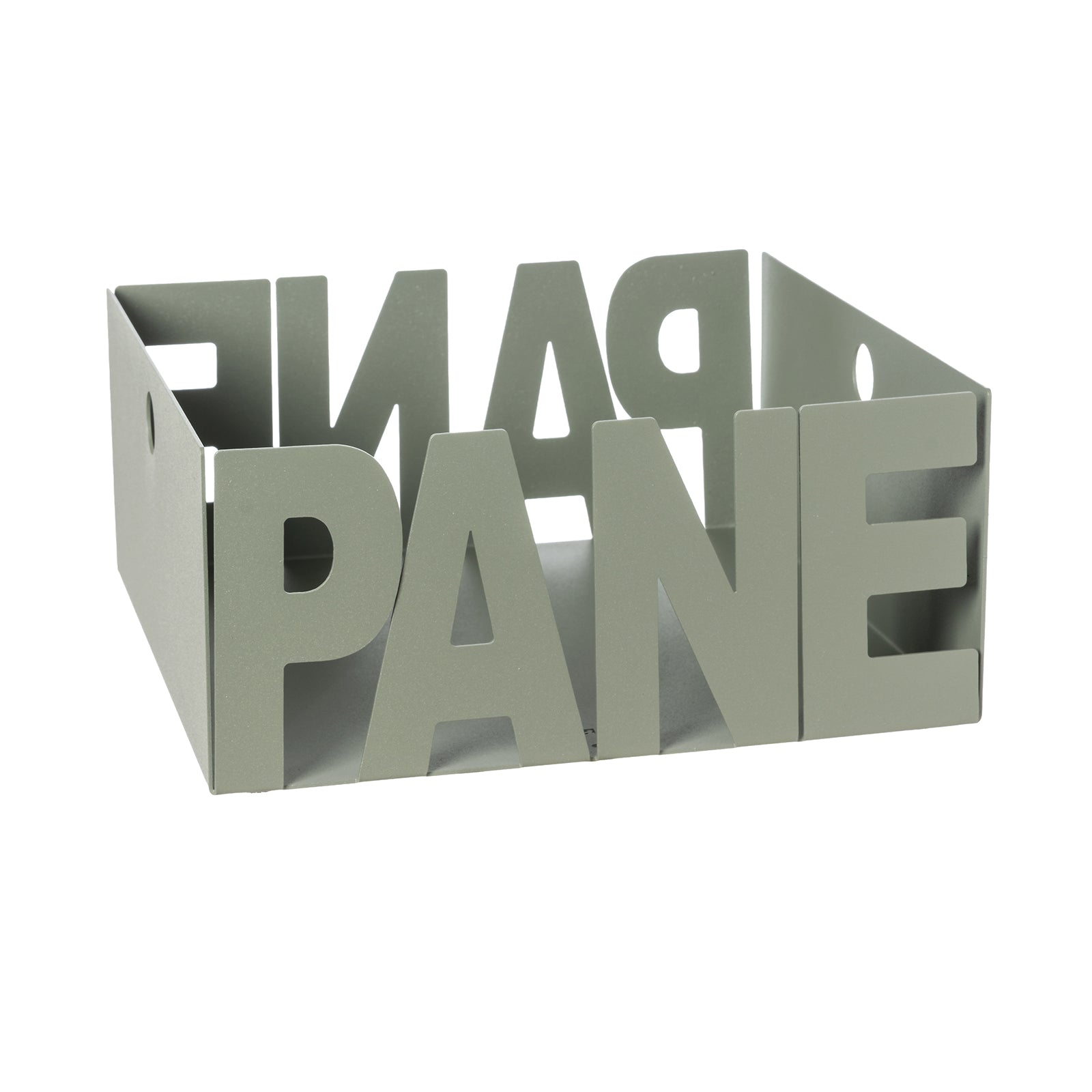 Porta pane Letter in ferro color giada con scritta Pane, vista tre quarti