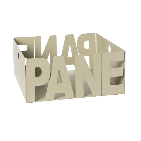 Porta pane Letter in ferro color chantilly con scritta Pane, vista tre quarti