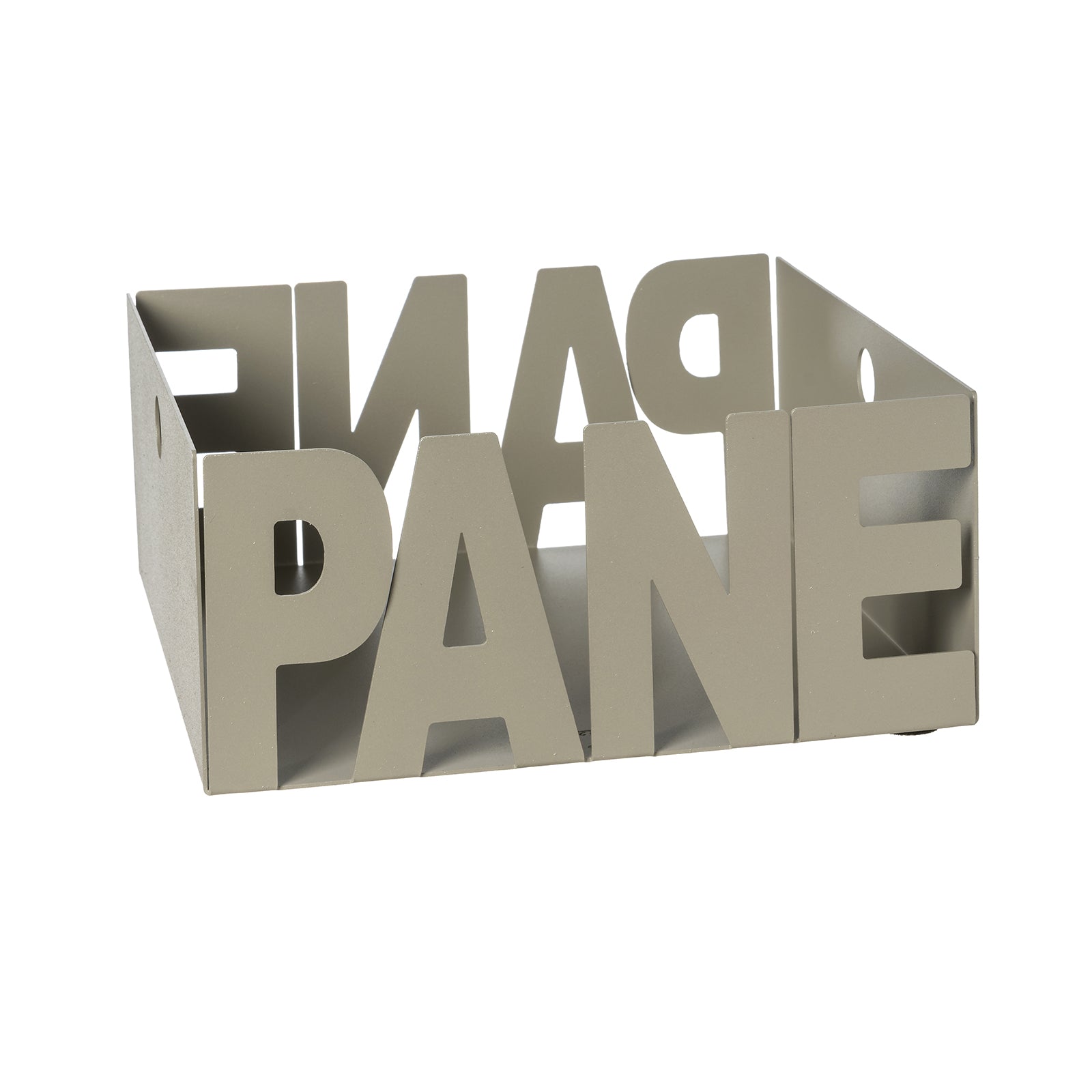 Porta pane Letter in ferro color sabbia con scritta Pane, vista tre quarti