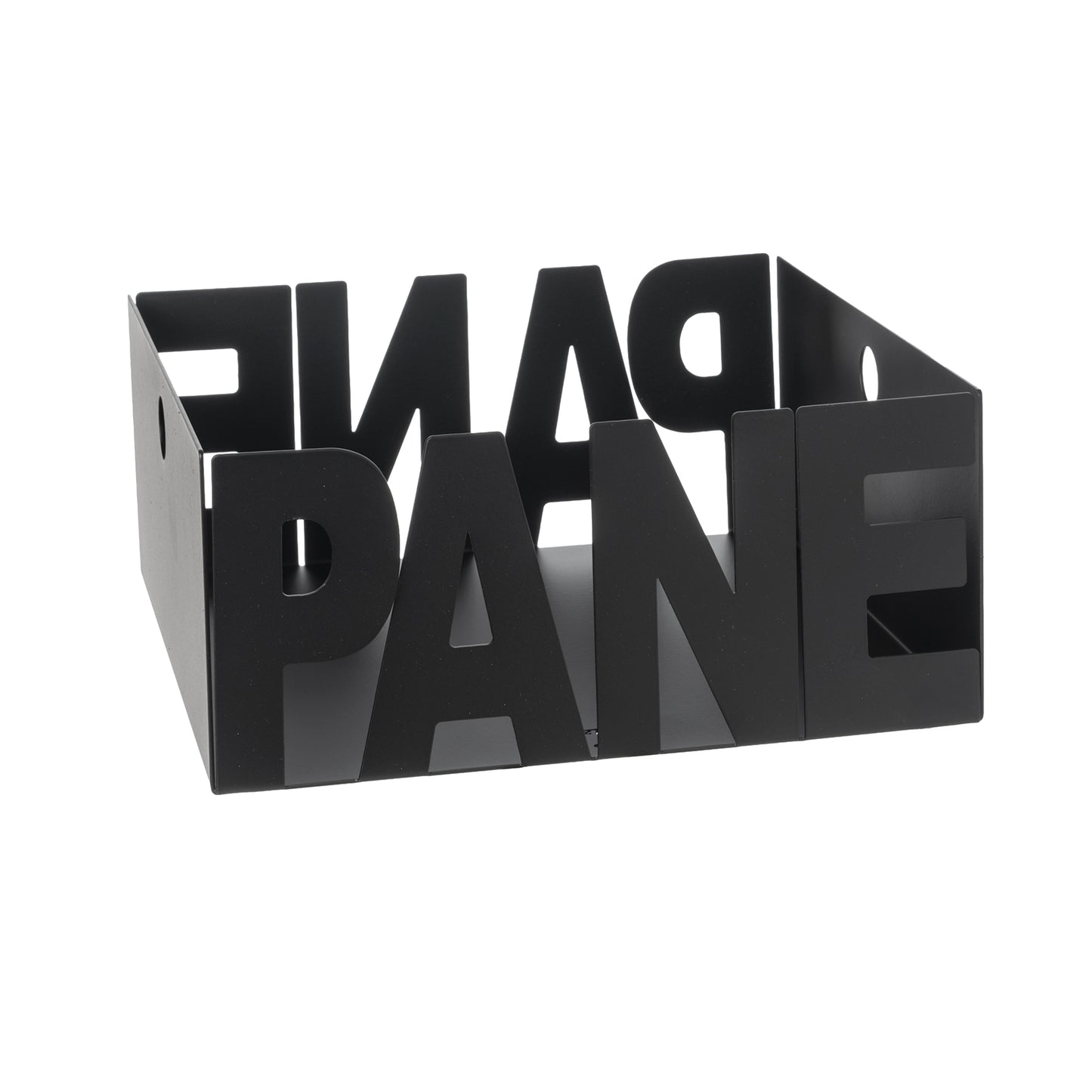 Porta pane Letter in ferro color nero con scritta Pane, vista tre quarti