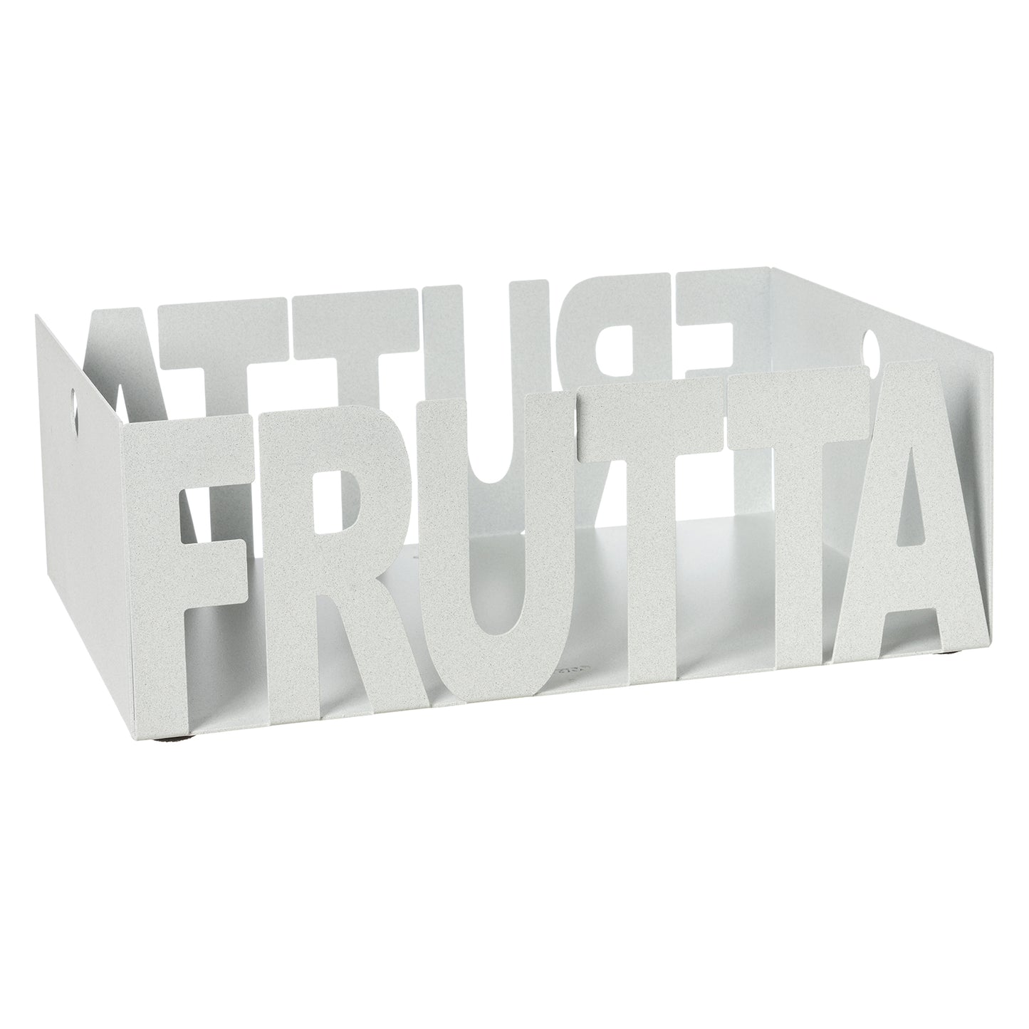 Fruttiera Letter in ferro color bianco marmo con scritta Fruttiera, vista tre quarti