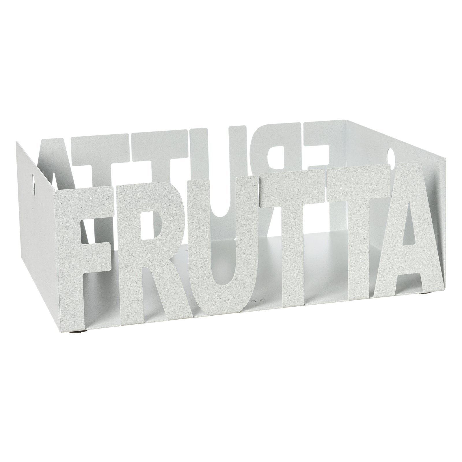 Fruttiera Letter in ferro color bianco marmo con scritta Fruttiera, vista tre quarti