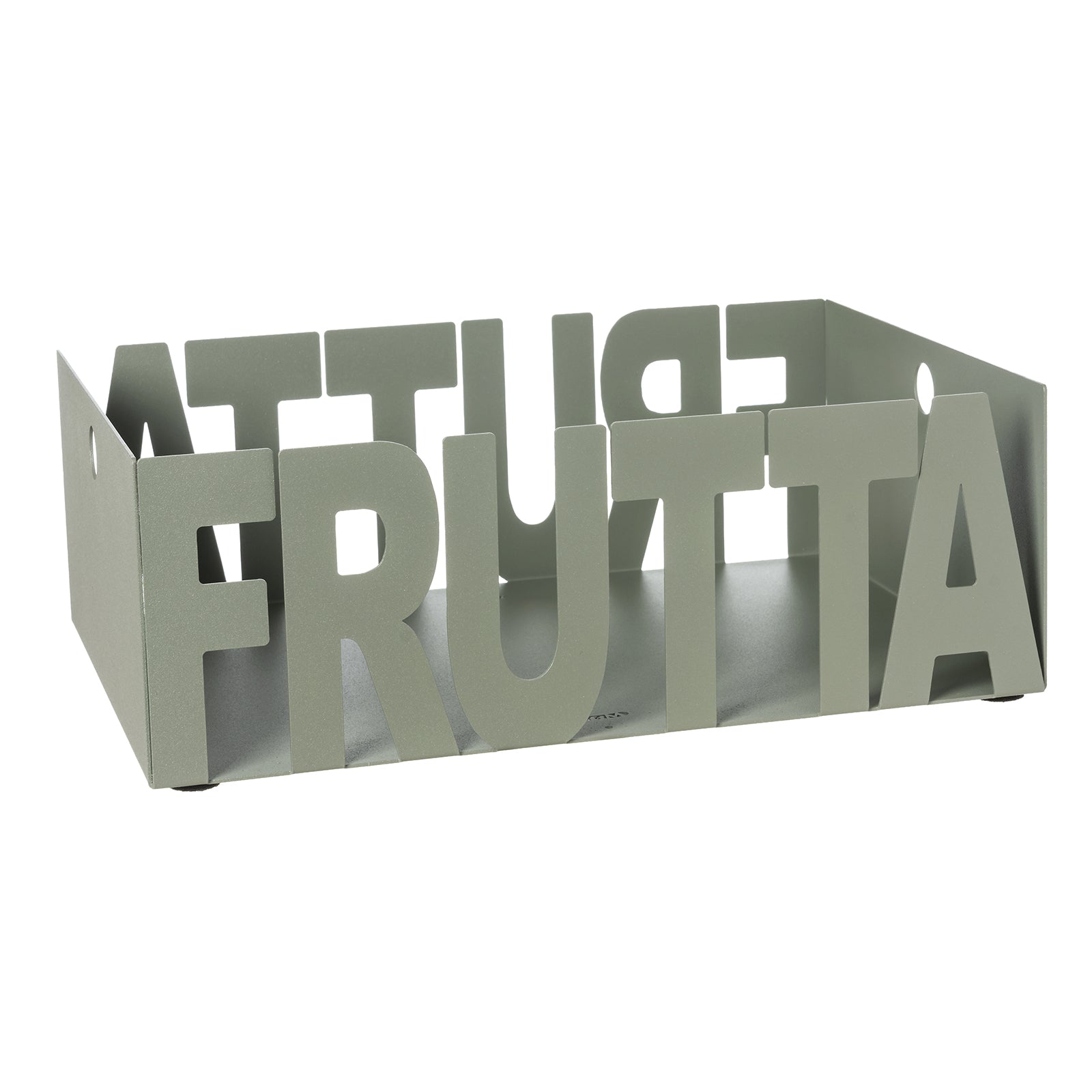 Fruttiera Letter in ferro color giada con scritta Fruttiera, vista tre quarti