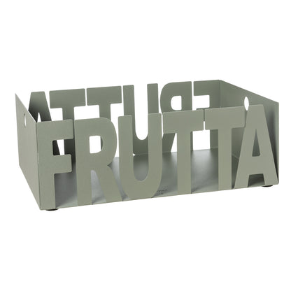 Fruttiera Letter in ferro color giada con scritta Fruttiera, vista tre quarti