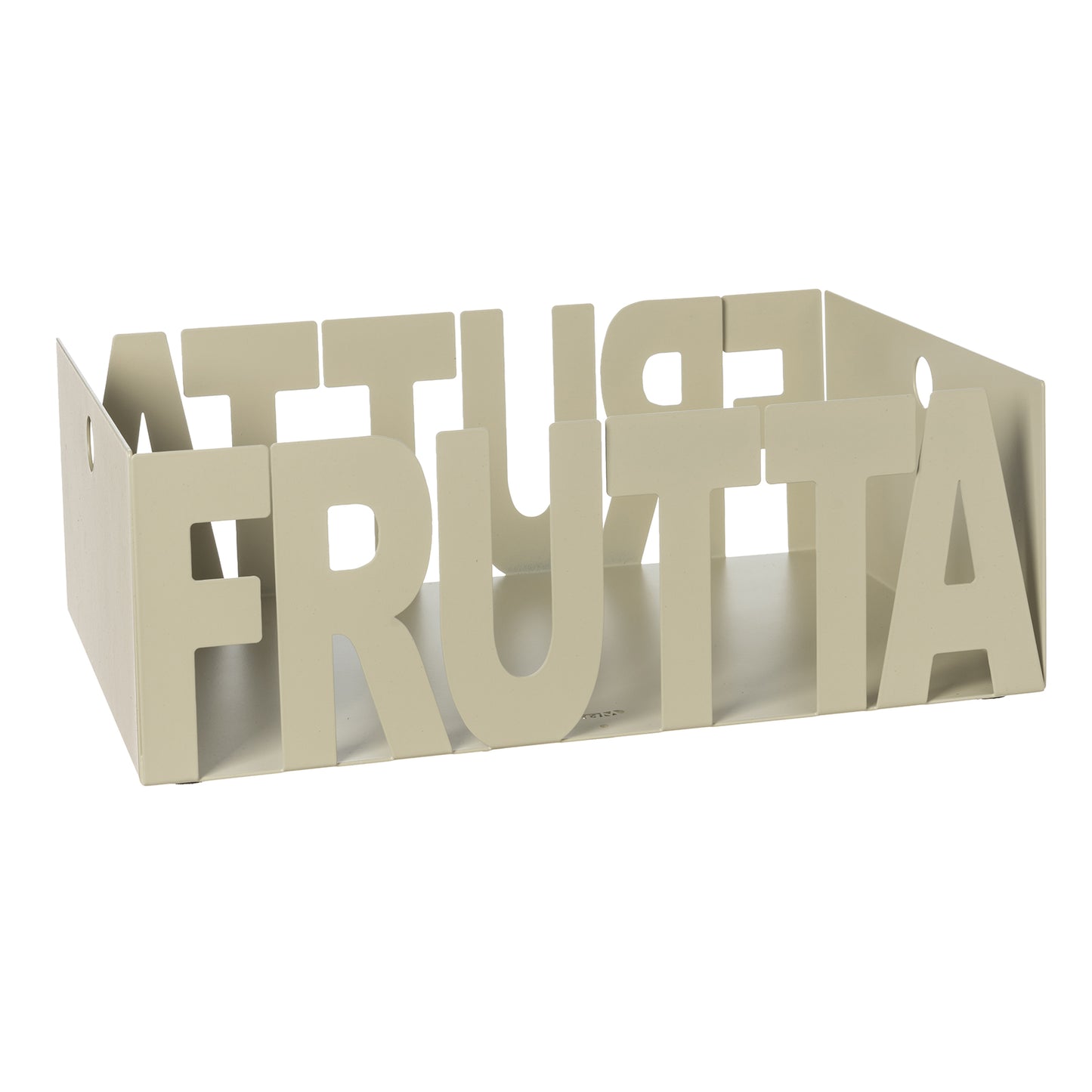 Fruttiera Letter in ferro color chantilly con scritta Fruttiera, vista tre quarti
