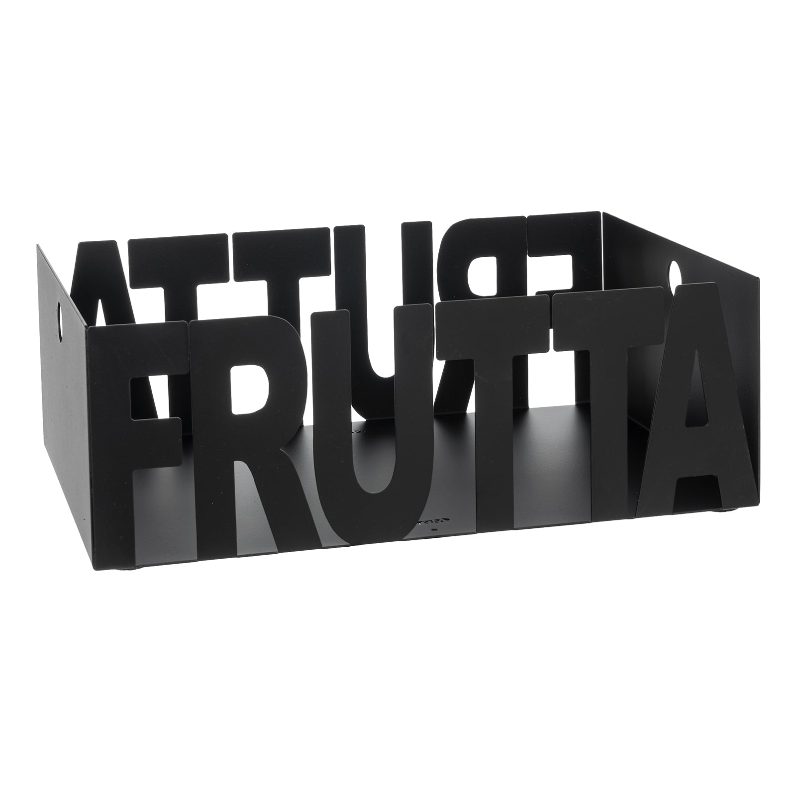 Fruttiera Letter in ferro color nero con scritta Fruttiera, vista tre quarti