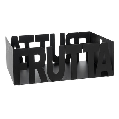 Fruttiera Letter in ferro color nero con scritta Fruttiera, vista tre quarti