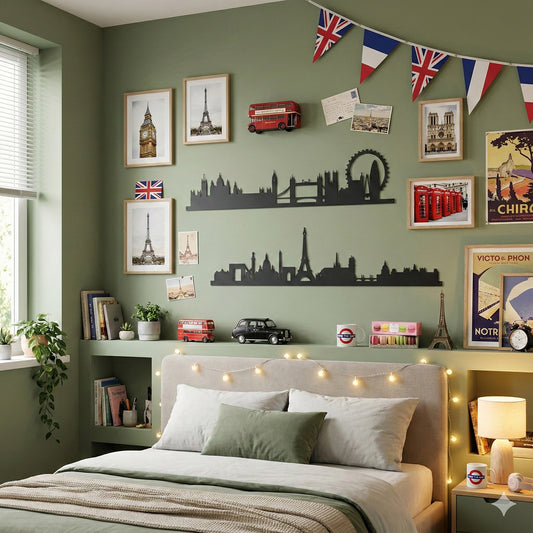 Ambientazione della sagoma in ferro della città Parigi e Londra, Skyline London e Paris di Arti&Mestieri, in una camera da letto dalla parete verde insieme ad altri ricordi di viaggi.