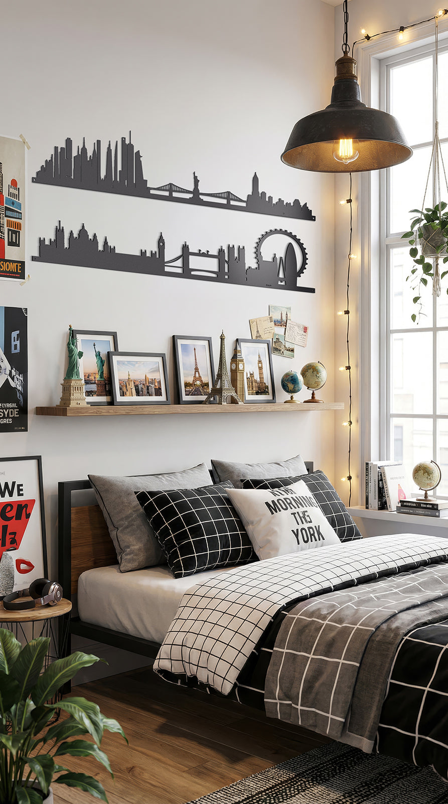 Ambientazione della sagoma in ferro della città New York e Londra, Skyline New York e London di Arti&Mestieri, in una camera da letto insieme ad altri ricordi di viaggi.