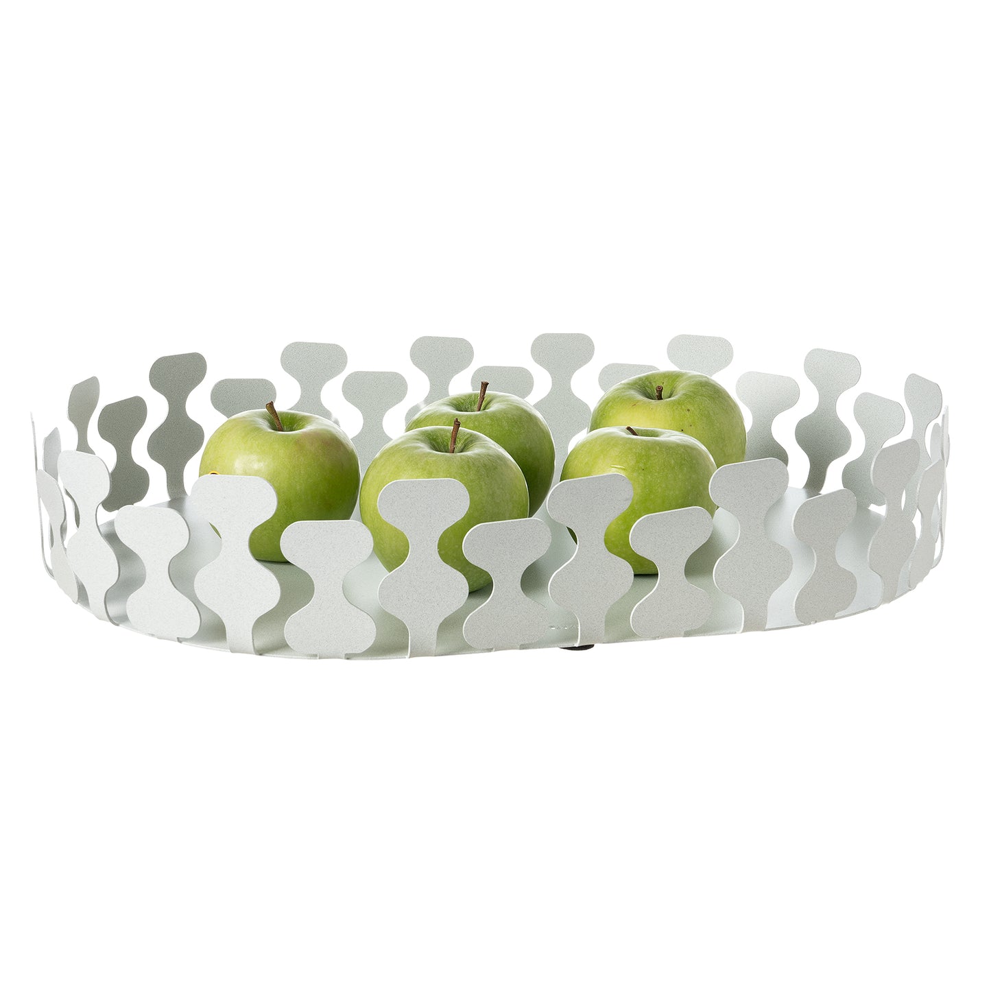 Vassoio ovale Nori di Art&Mestieri in ferro color bianco marmo con frutta, vista tre quarti