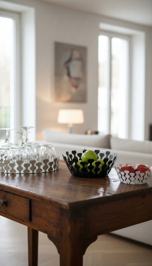 Linea da tavolo Nori di Arti&Mestieri, ambientazione su tavolo vintage in salotto