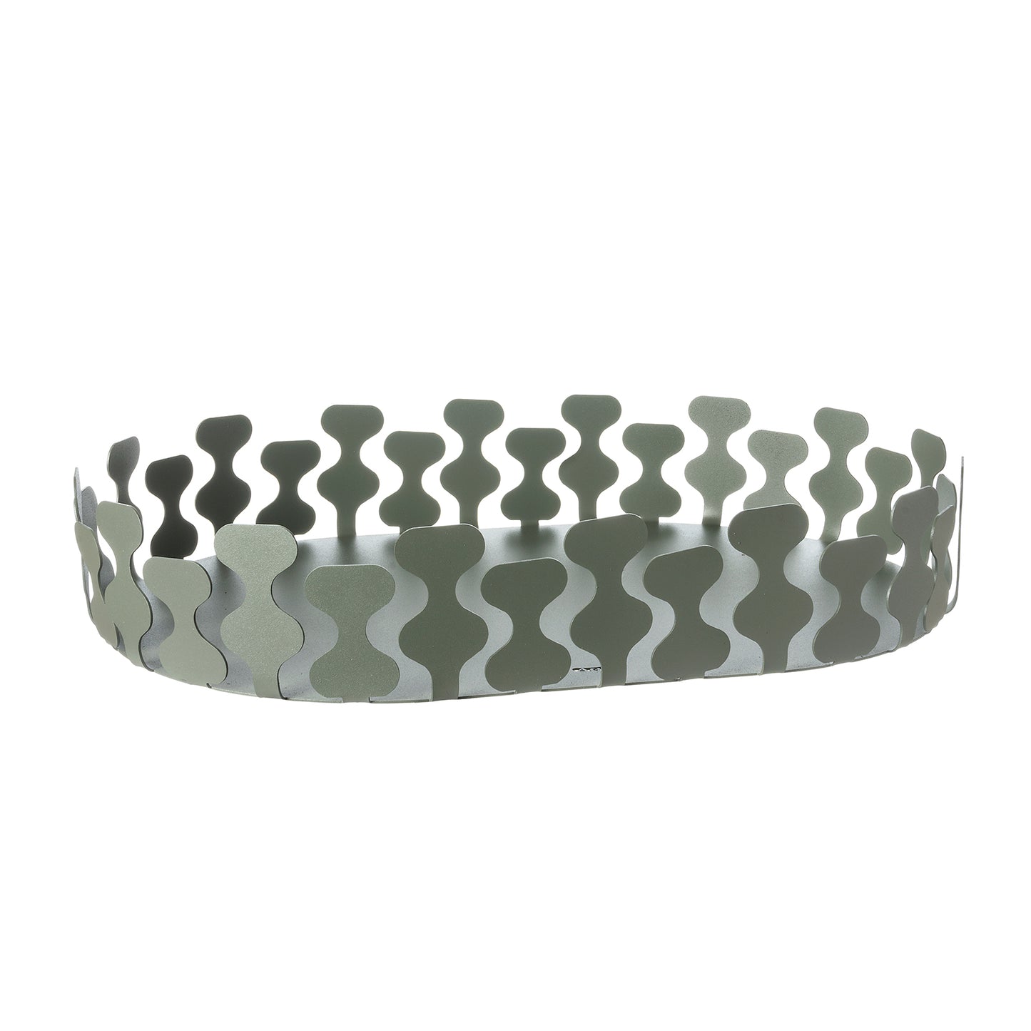 Vassoio ovale Nori di Art&Mestieri in ferro color giada vuoto, vista tre quarti