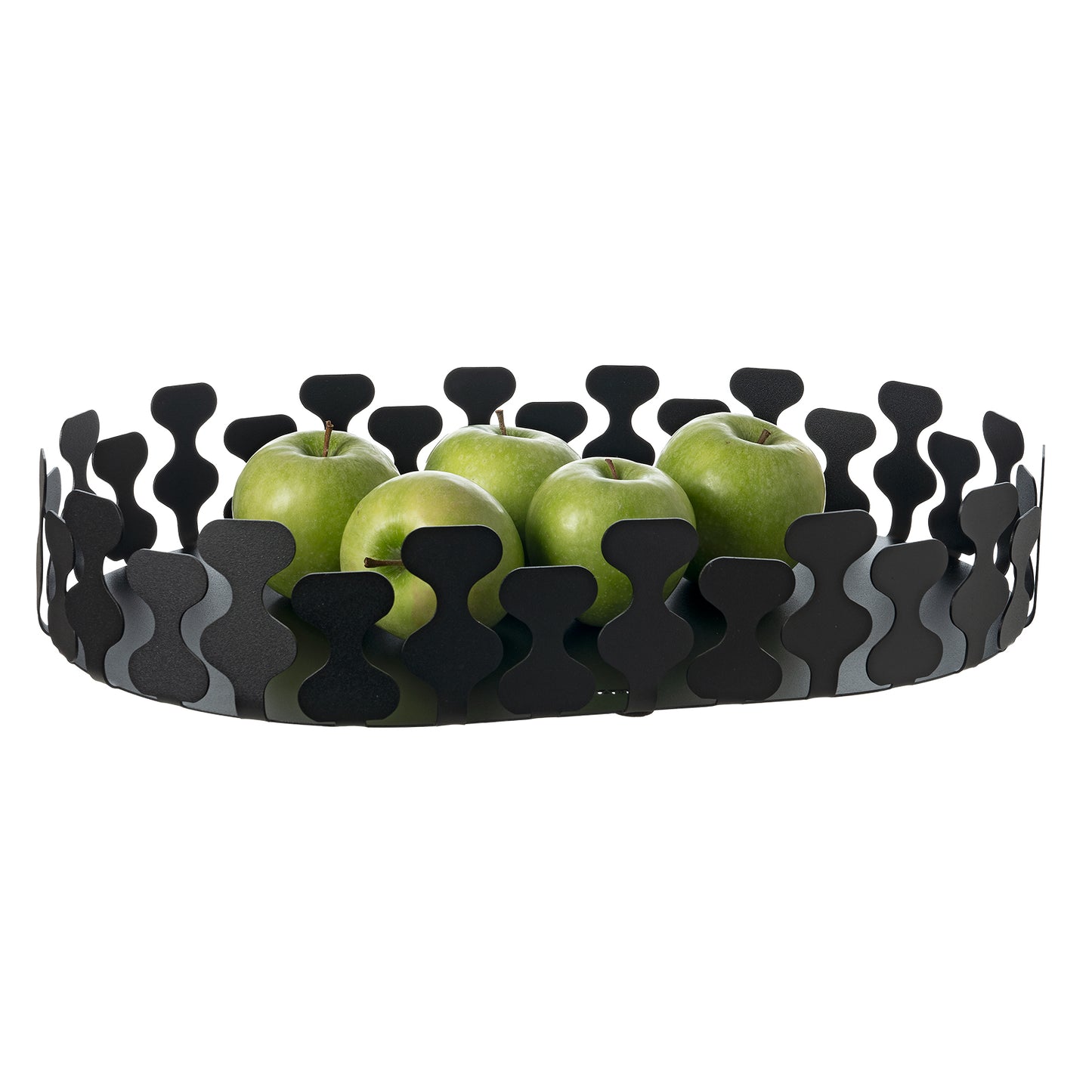 Vassoio ovale Nori di Art&Mestieri in ferro color nero con frutta, vista tre quarti