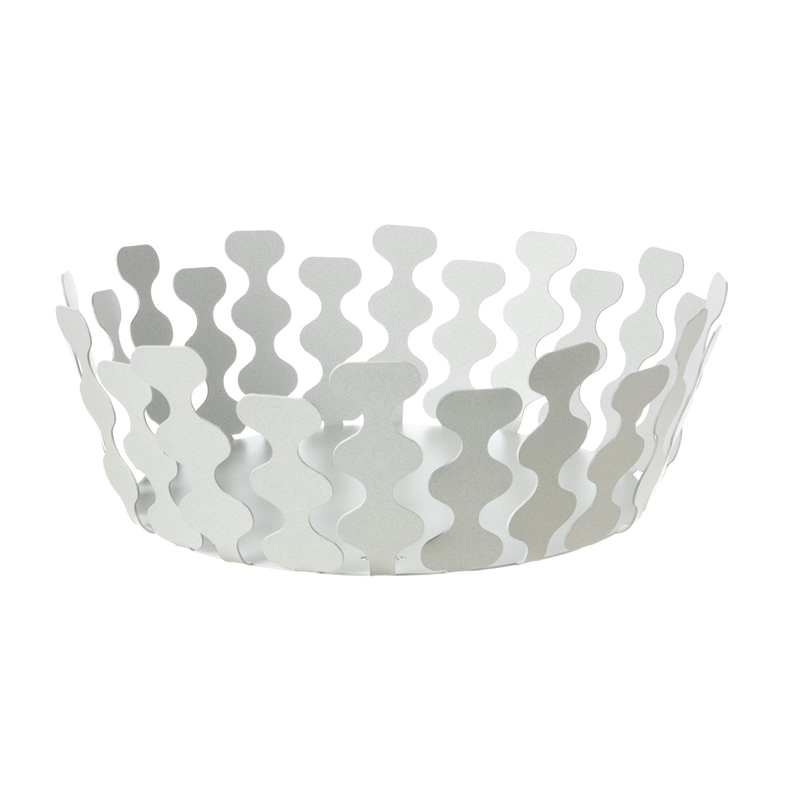 Fruttiera Nori Grande di Art&Mestieri in ferro color bianco marmo vuota, vista tre quarti