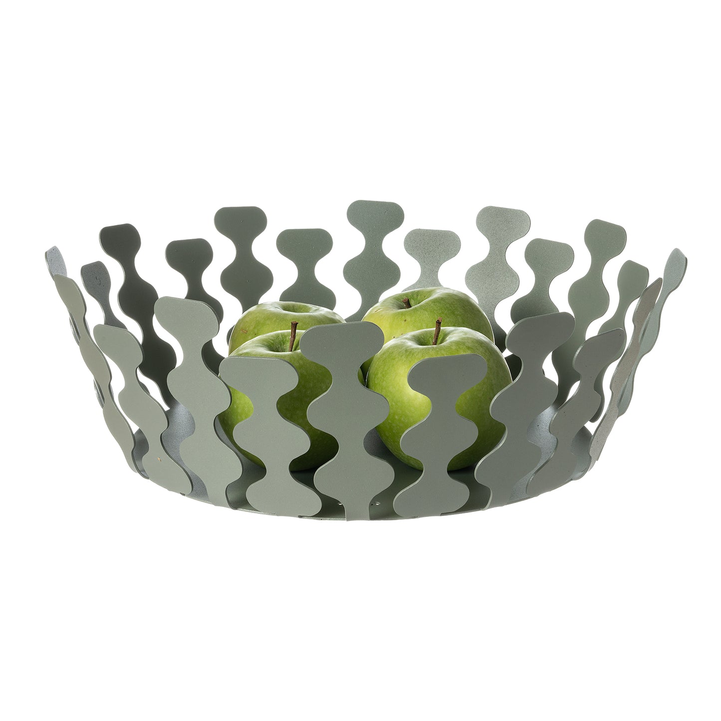 Fruttiera Nori Grande di Art&Mestieri in ferro color giada con frutta, vista tre quarti