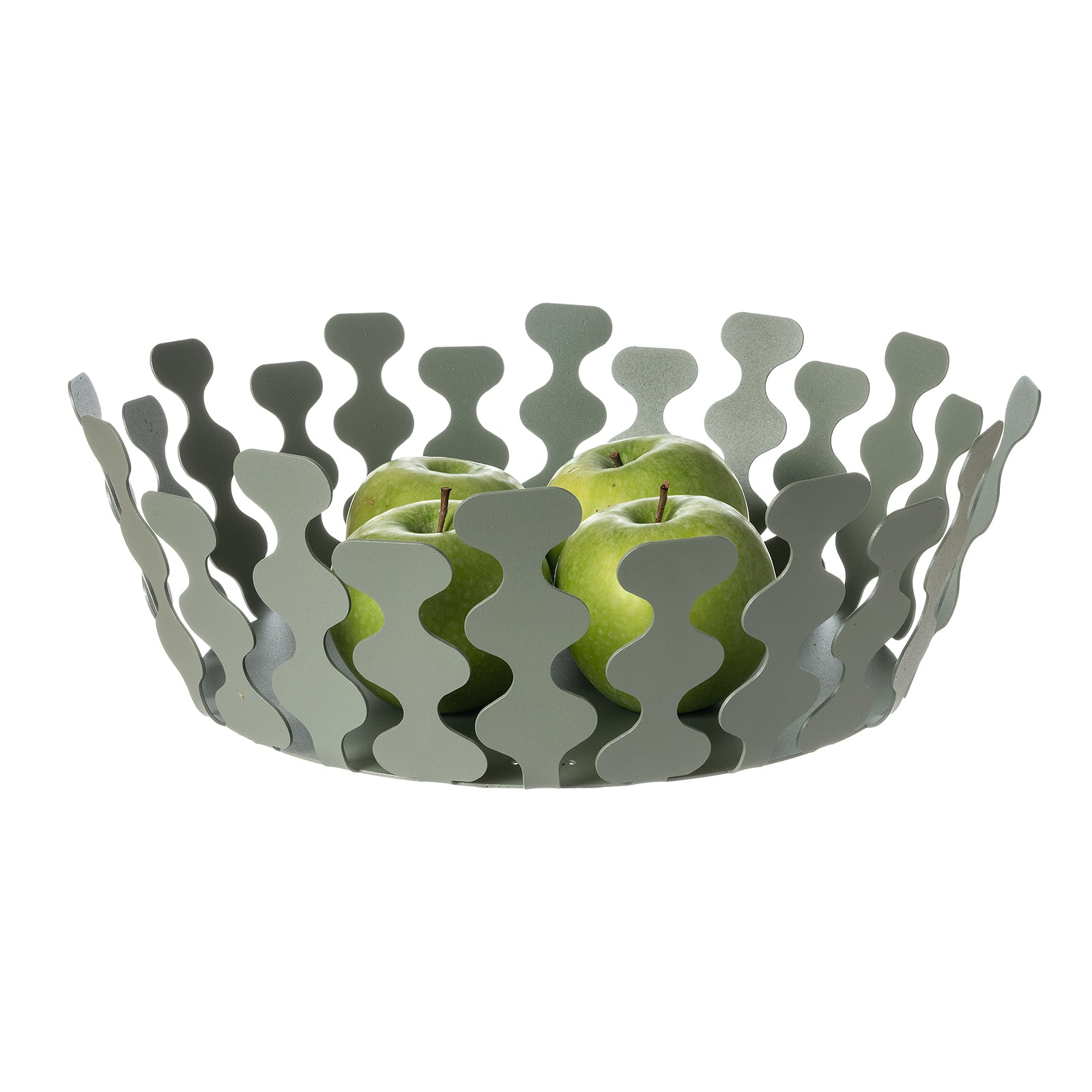 Fruttiera Nori Grande di Art&Mestieri in ferro color giada con frutta, vista tre quarti