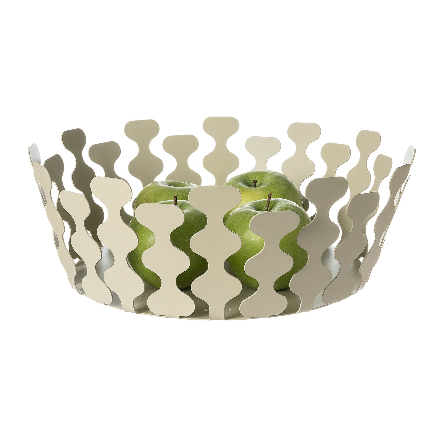 Fruttiera Nori Grande di Art&Mestieri in ferro color chantilly con frutta, vista tre quarti