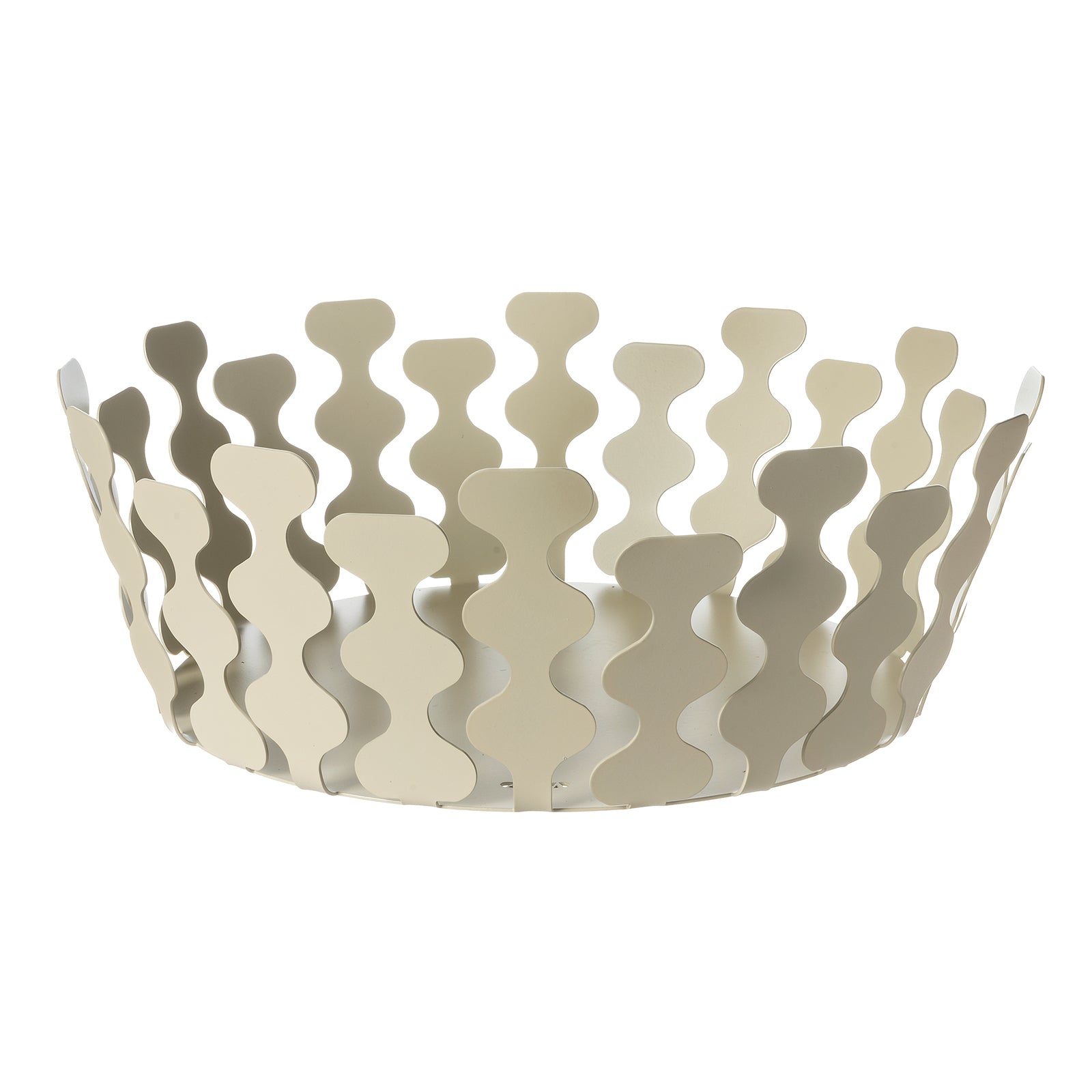 Fruttiera Nori Grande di Art&Mestieri in ferro color chantilly vuota, vista tre quarti