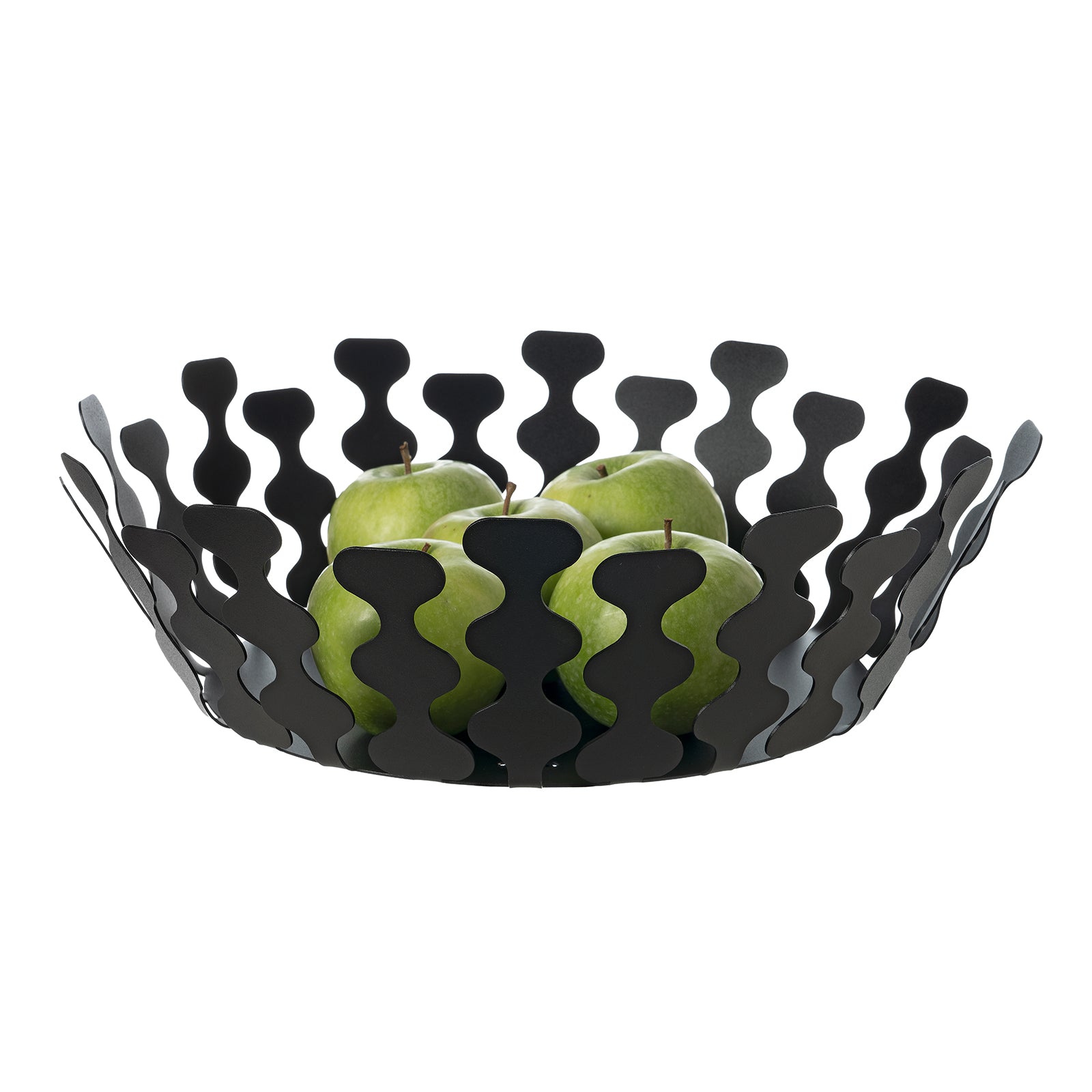 Fruttiera Nori Grande di Art&Mestieri in ferro color nero con frutta, vista tre quarti