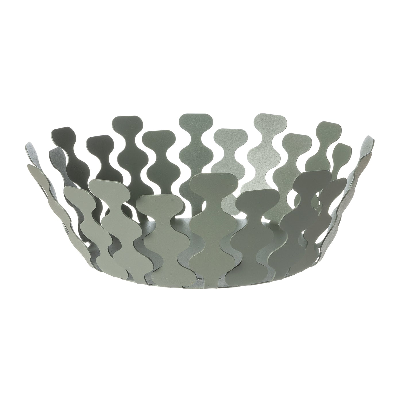 Fruttiera Nori Piccola di Art&Mestieri in ferro color giada vuota, vista tre quarti