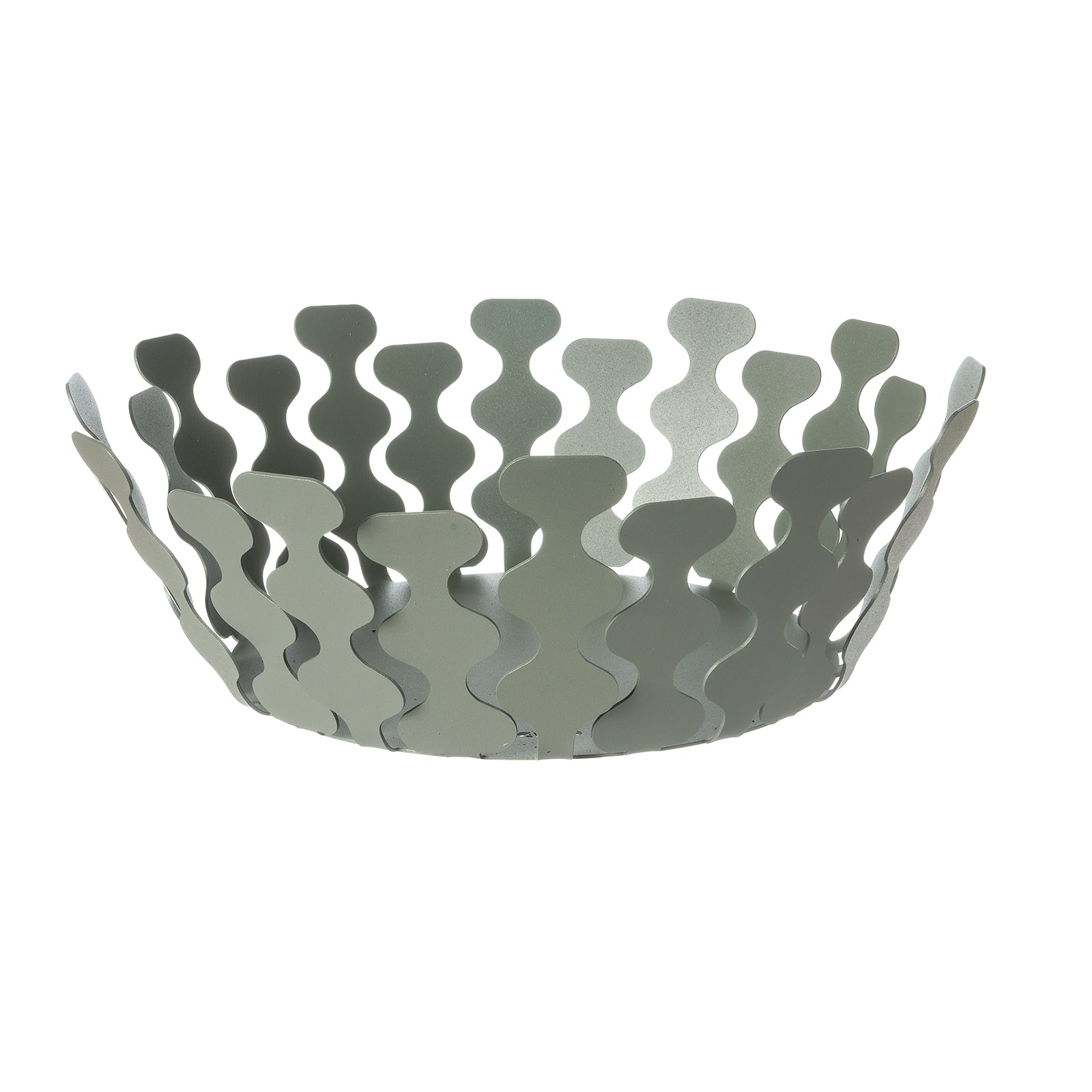 Fruttiera Nori Piccola di Art&Mestieri in ferro color giada vuota, vista tre quarti