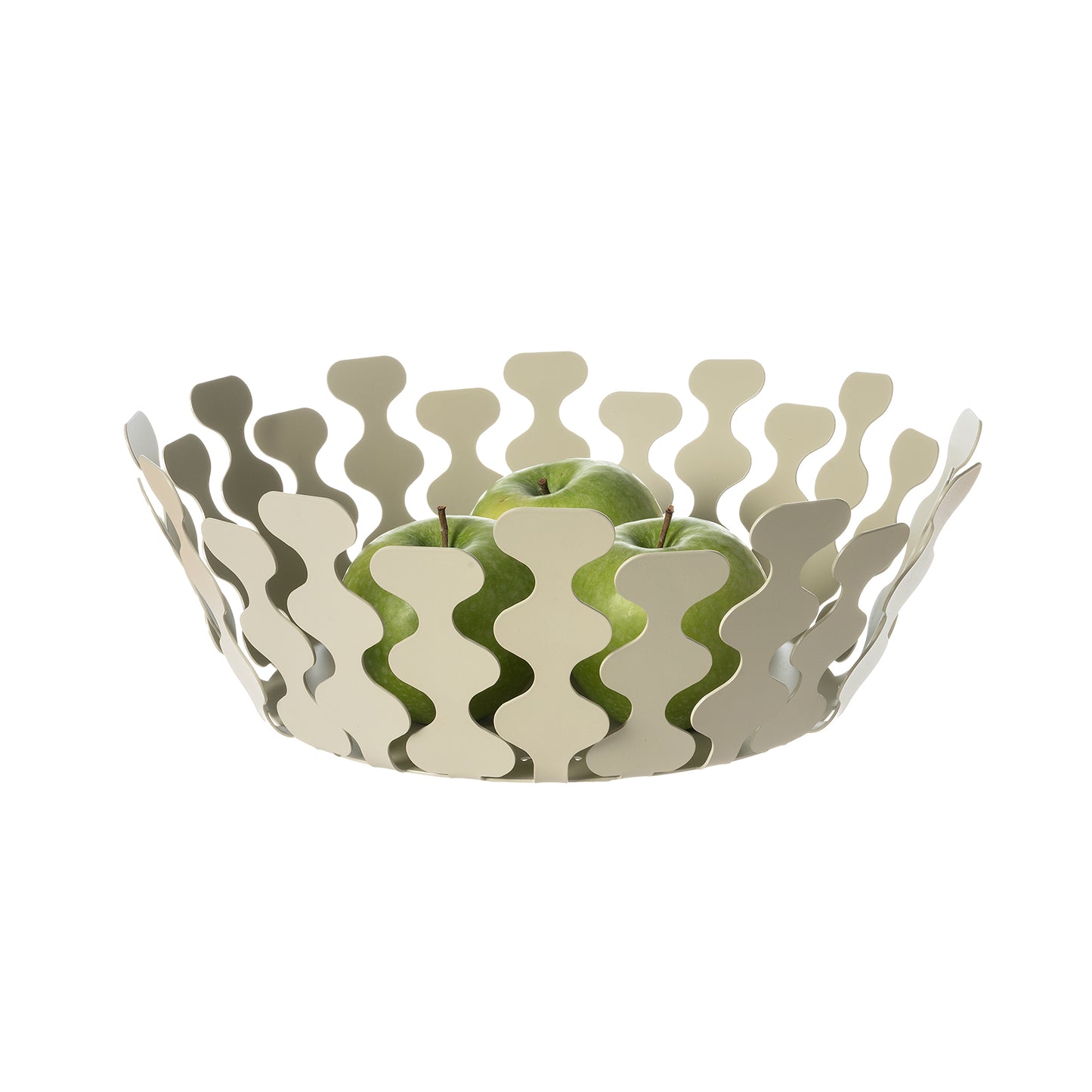 Fruttiera Nori Piccola di Art&Mestieri in ferro color chantilly con frutta, vista tre quarti