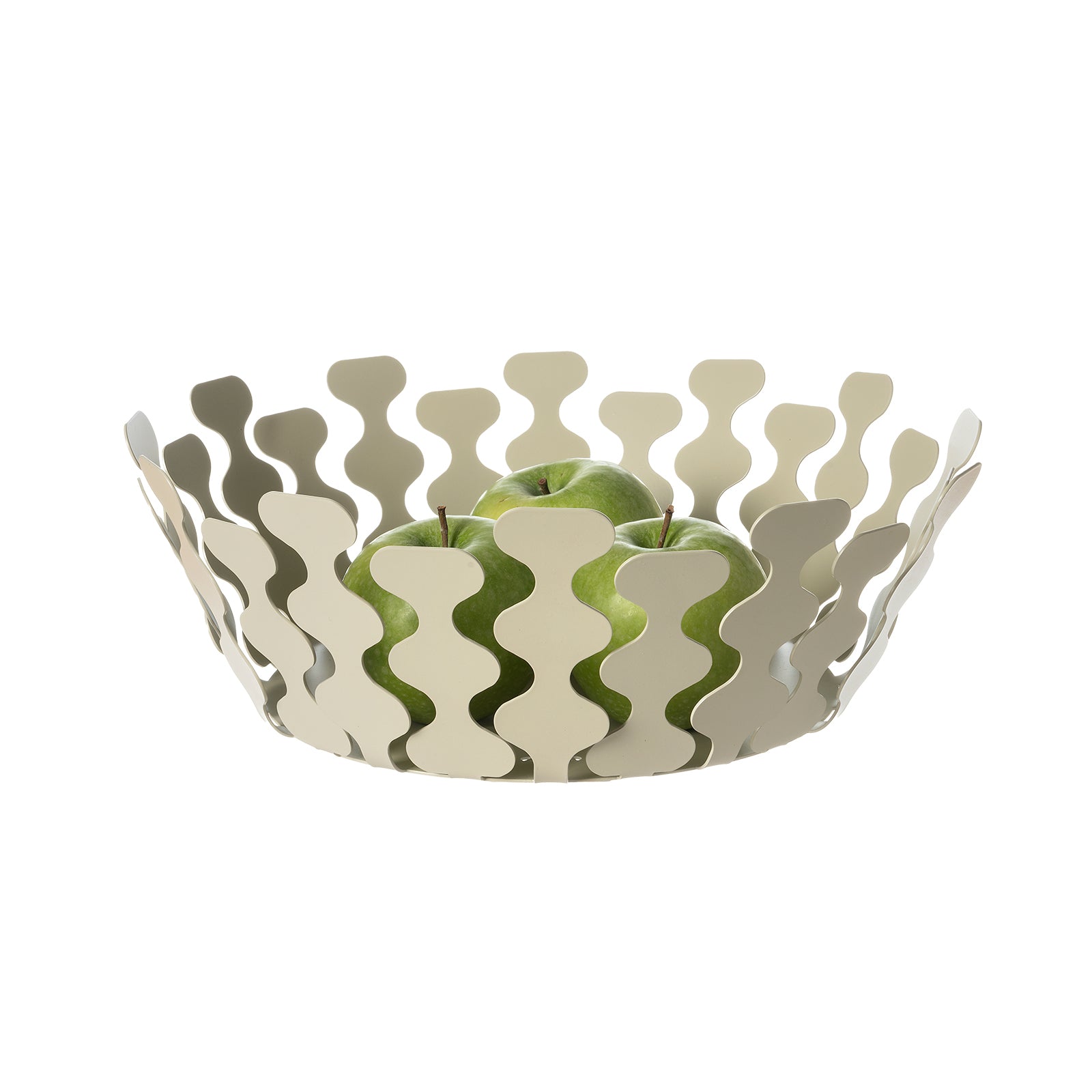 Fruttiera Nori Piccola di Art&Mestieri in ferro color chantilly con frutta, vista tre quarti