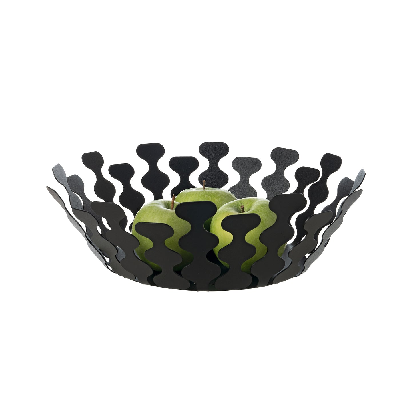 Fruttiera Nori Piccola di Art&Mestieri in ferro color nero con frutta, vista tre quarti