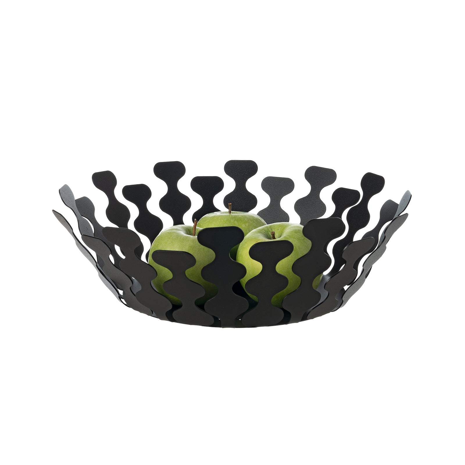 Fruttiera Nori Piccola di Art&Mestieri in ferro color nero con frutta, vista tre quarti