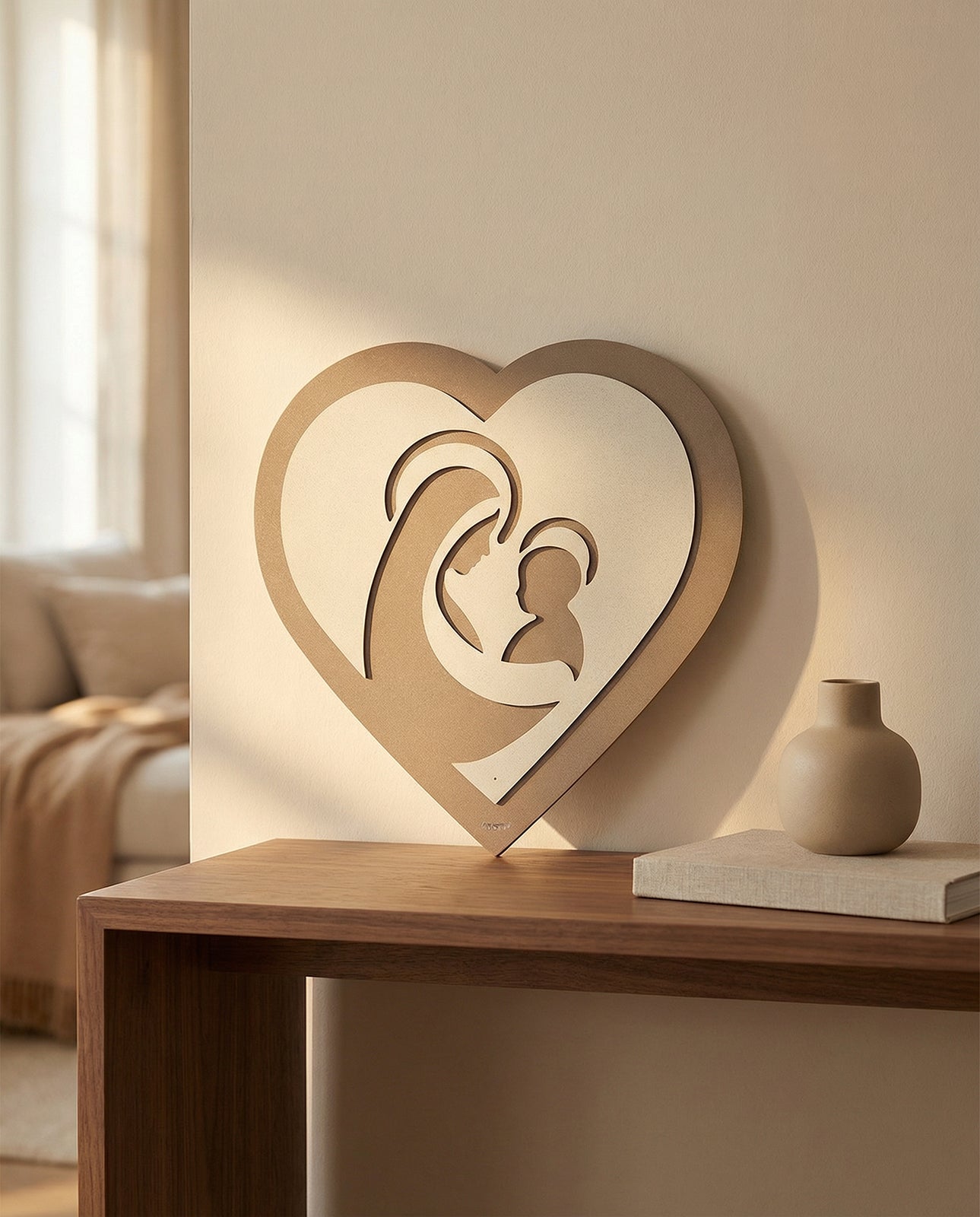 Foto ambientata dell'icona cuore di Arti & Mestieri appoggiata sopra una consolle,