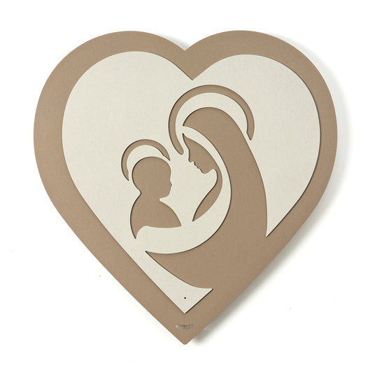 Vista frontale dell'icona religiosa Cuore, Madonna con Bambino, color beige -avorio