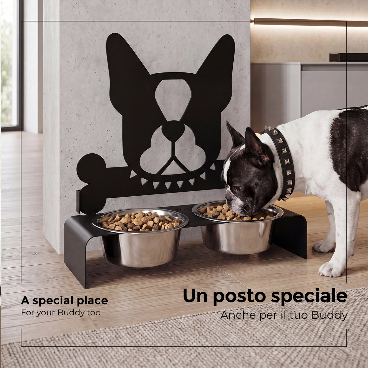 Foto ambientata del porta ciotole per cani Buddy di Arti e Mestieri.