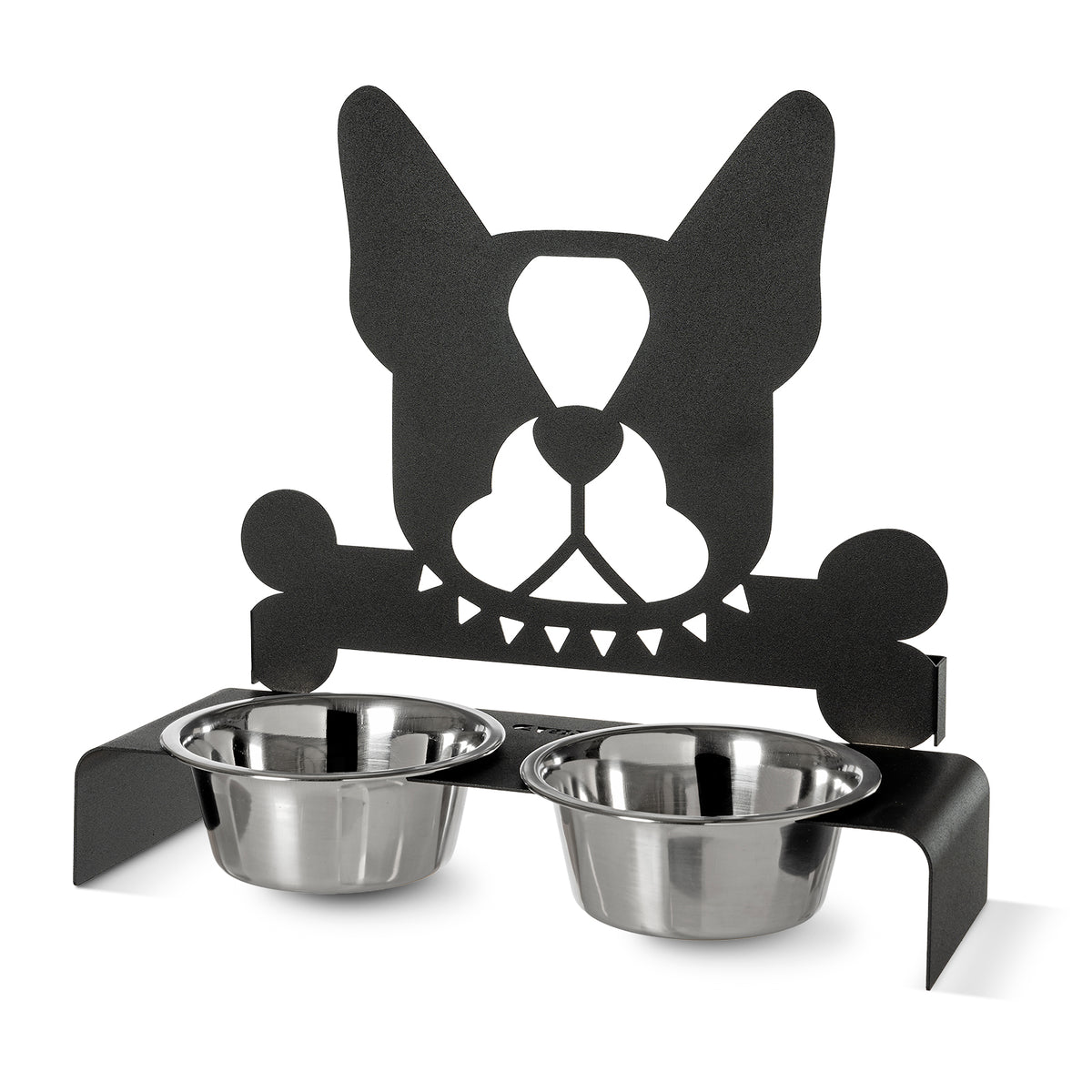 Vista di tre quarti del porta ciotole per cane Buddy finitura nero di Arti&Mestieri.