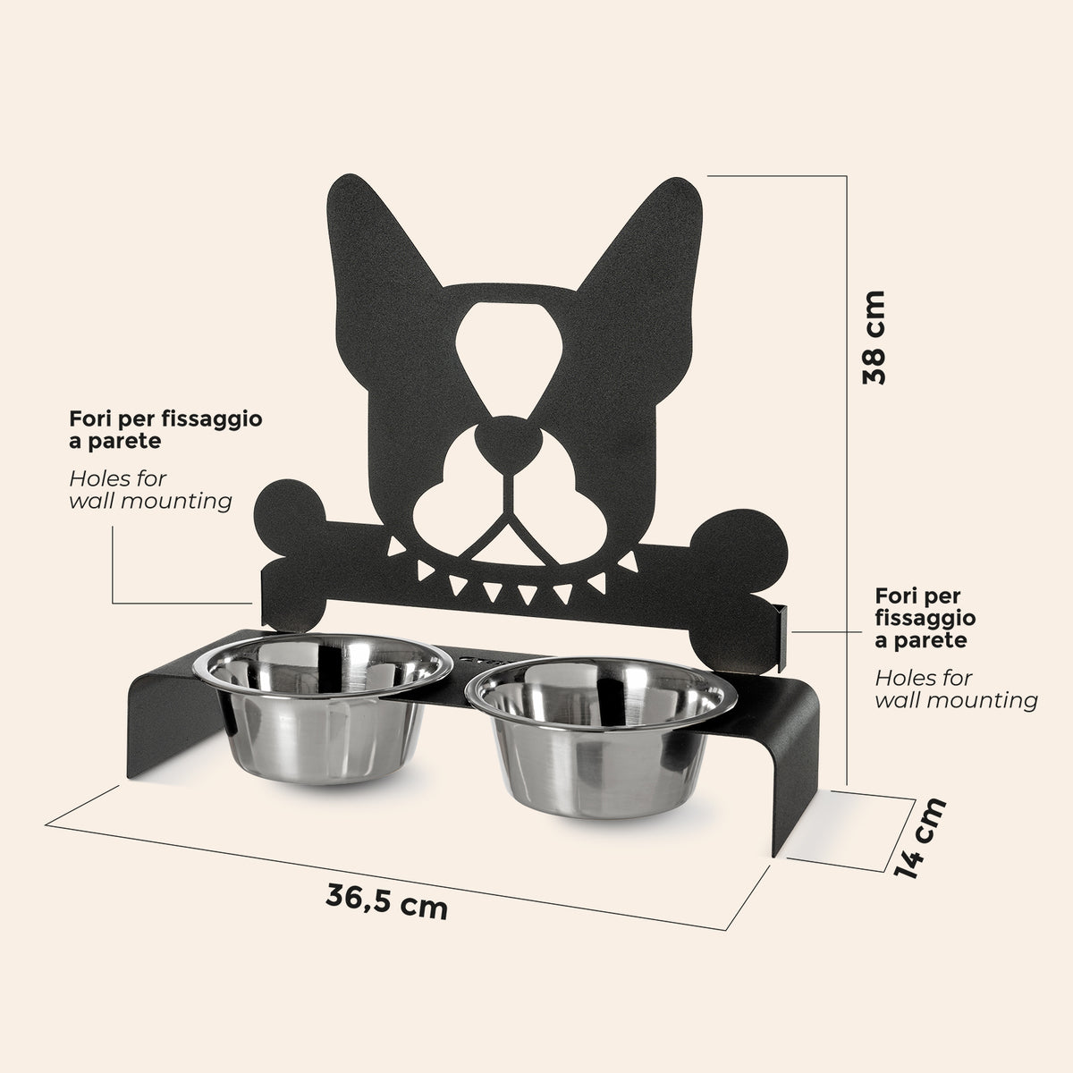 Dimensioni porta ciotole per cani Buddy. Disegno quotato.