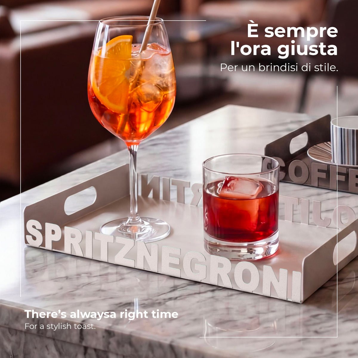 Foto ambientata su piano in marmo del vassoio Drink di Arti e Mestieri.