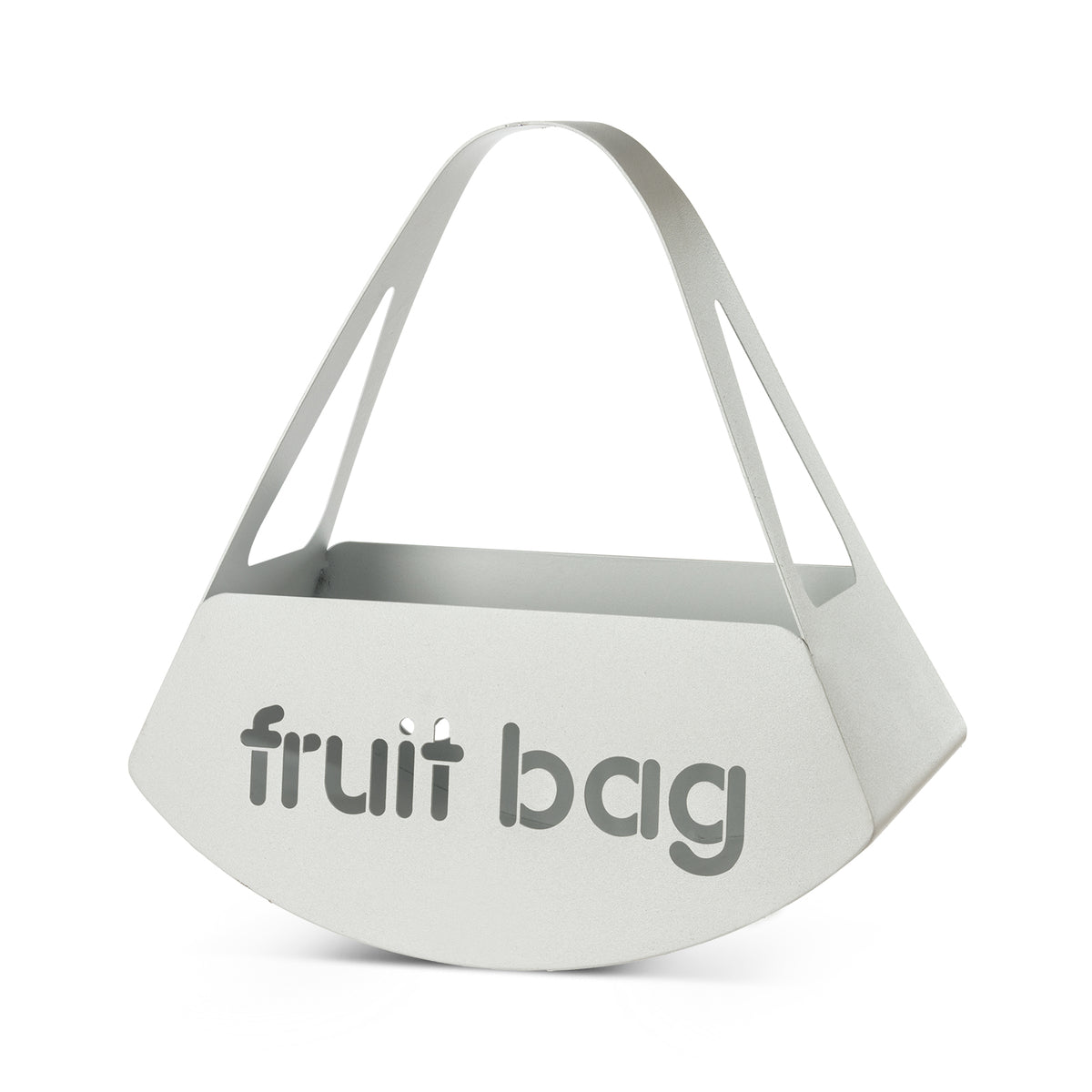 Vista di tre quarti del centro tavola Fruit Bag finitura bianco marmo di Arti&Mestieri.