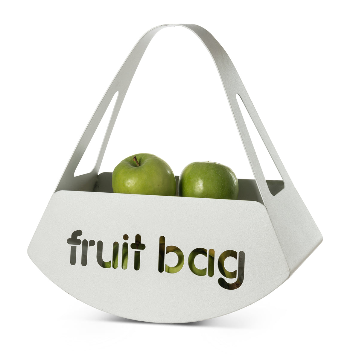 Vista di tre quarti del centro tavola Fruit Bag finitura bianco marmo con mele verdi di Arti&Mestieri.