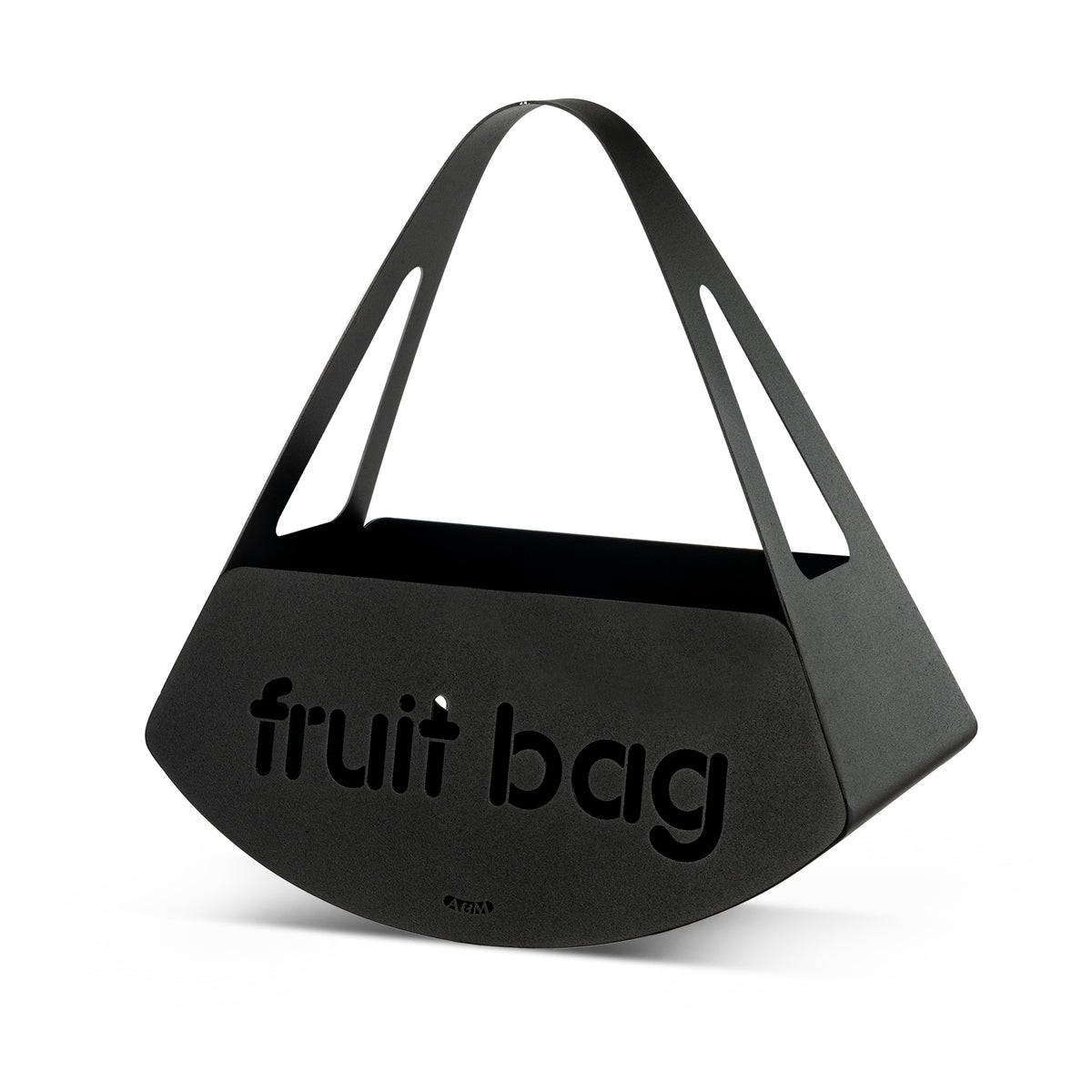 Vista di tre quarti del centro tavola Fruit Bag finitura nero di Arti&Mestieri.