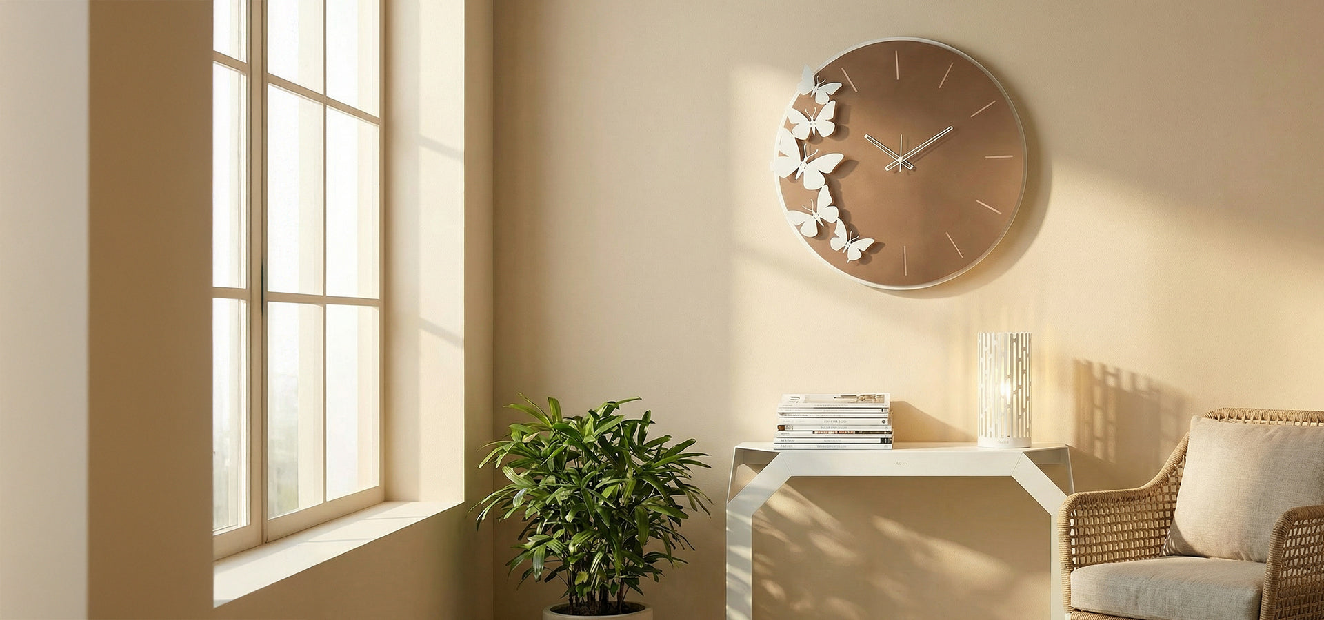 Ambientazione dell'orologio Diana, con quadrtante Velour Luxe® color rosa , della consolle Uncorner  e della lampada Kamalea della nuova collezione di Arti&Mestieri 2026.